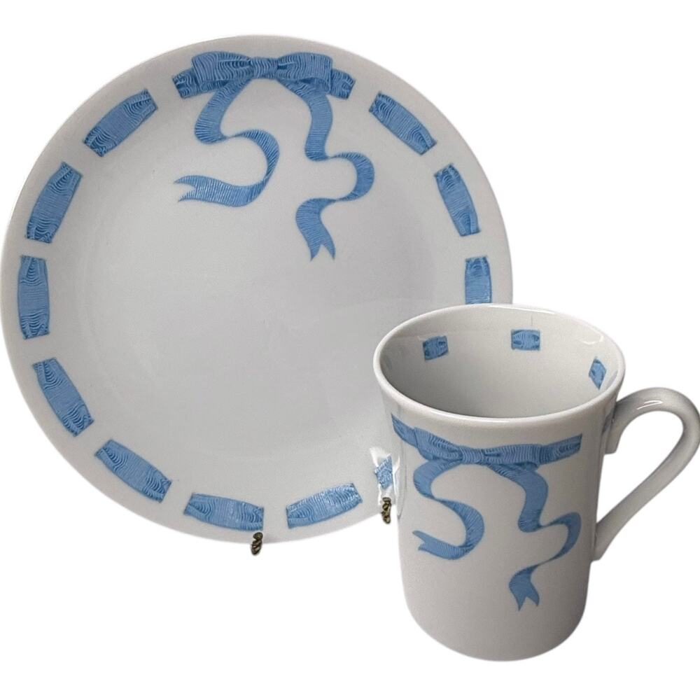 Trompe l'Oeil Mug Plate Set 3Pc Blue Ribbon Neiman Marcus Japan White Vtg New